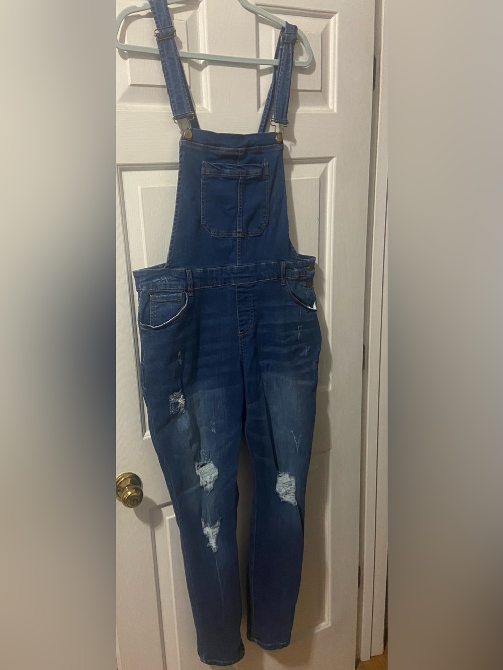 3X Overalls Wax Jeans Distressed Blue Denim Bib with Front Pocket Stretch